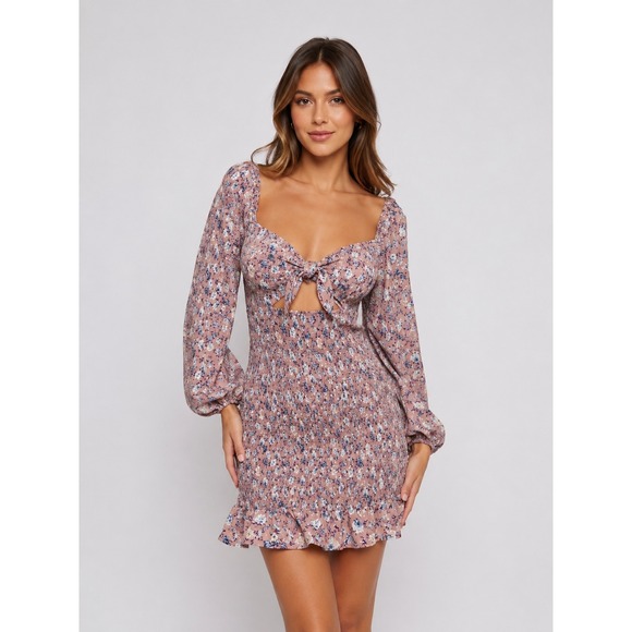 Lulus Dresses & Skirts - Lulus Floral Smocked Cutout Mini Dress NWT Pink Mauve Long Sleeve Size M